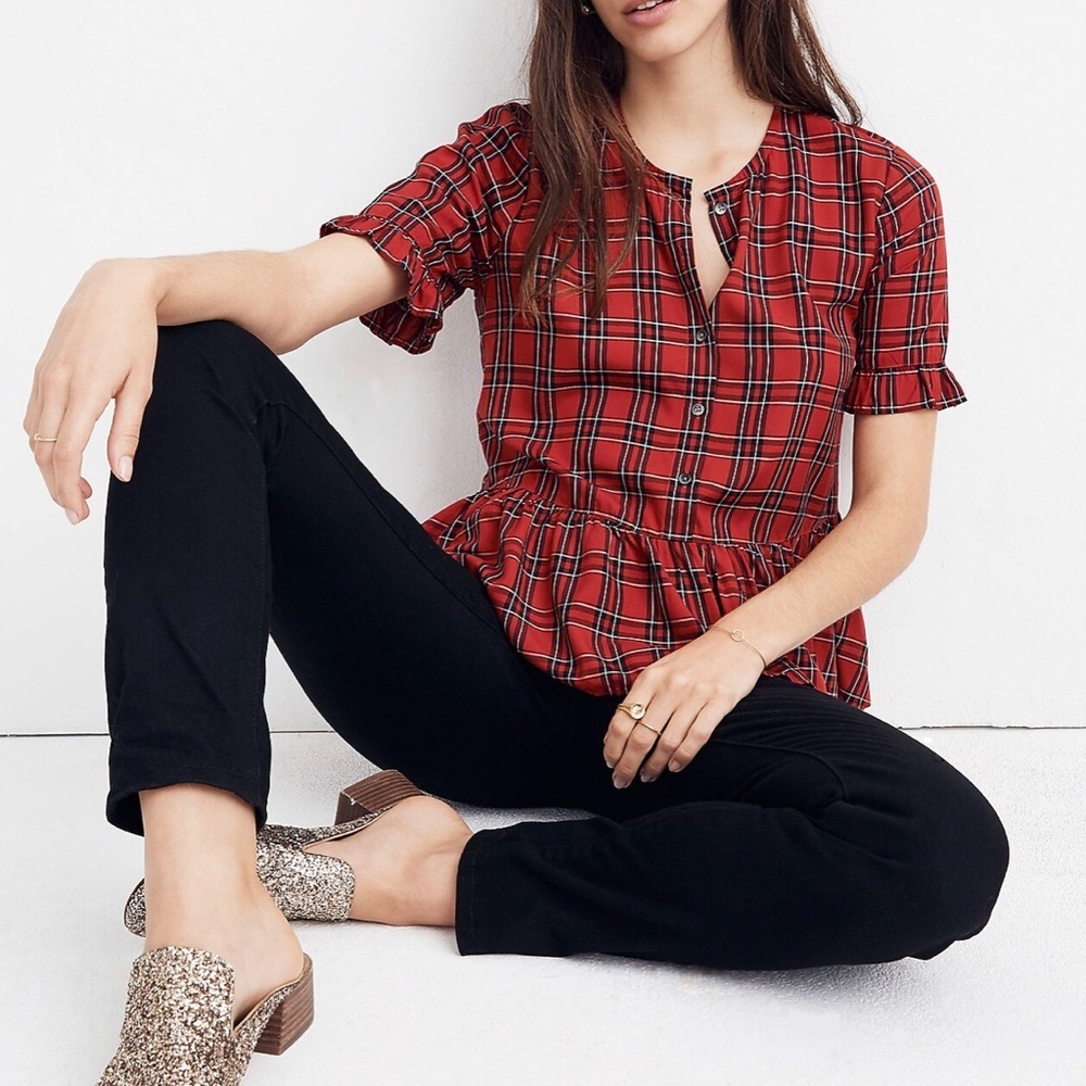 Madewell Studio Ruffle-Hem Top in Clanton Plaid Size S